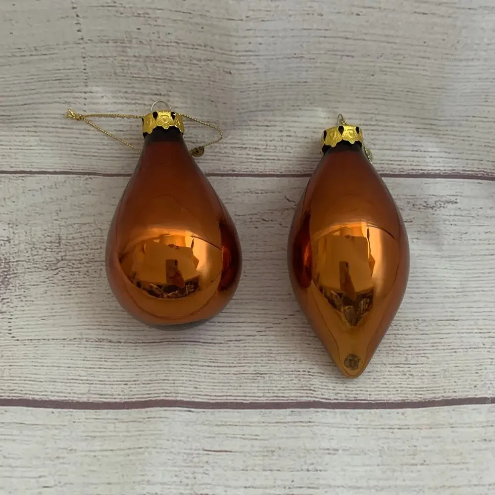 Vintage Glass Ornaments Set of 2 Brown Gold Drop Teardrop Christmas Tree